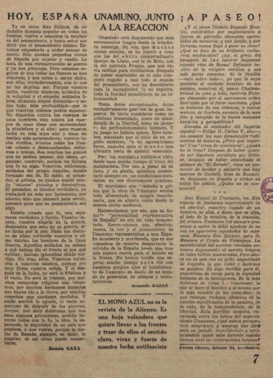 Página de El Mono Azul donde se señala a Unamuno