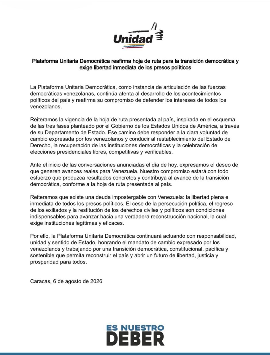 Comunicado de la Plataforma Unitaria Democrática