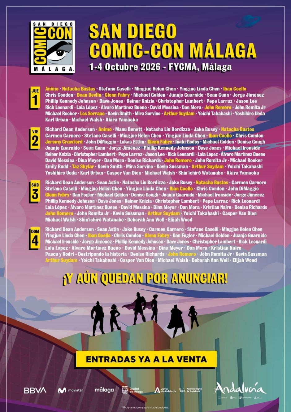 (Foto de ARCHIVO)
Cartel de los 70 invitados confirmados.

REMITIDA / HANDOUT por SAN DIEGO COMIC-CON MÁLAGA
Fotografía remitida a medios de comunicación exclusivamente para ilustrar la noticia a la que hace referencia la imagen, y citando la procedencia de la imagen en la firma
04/8/2026