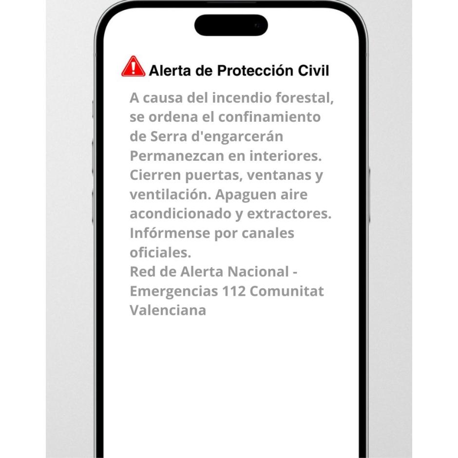 Imagen del Es-Alert enviado para confinar la localidad de la Serra d’en Galceran.