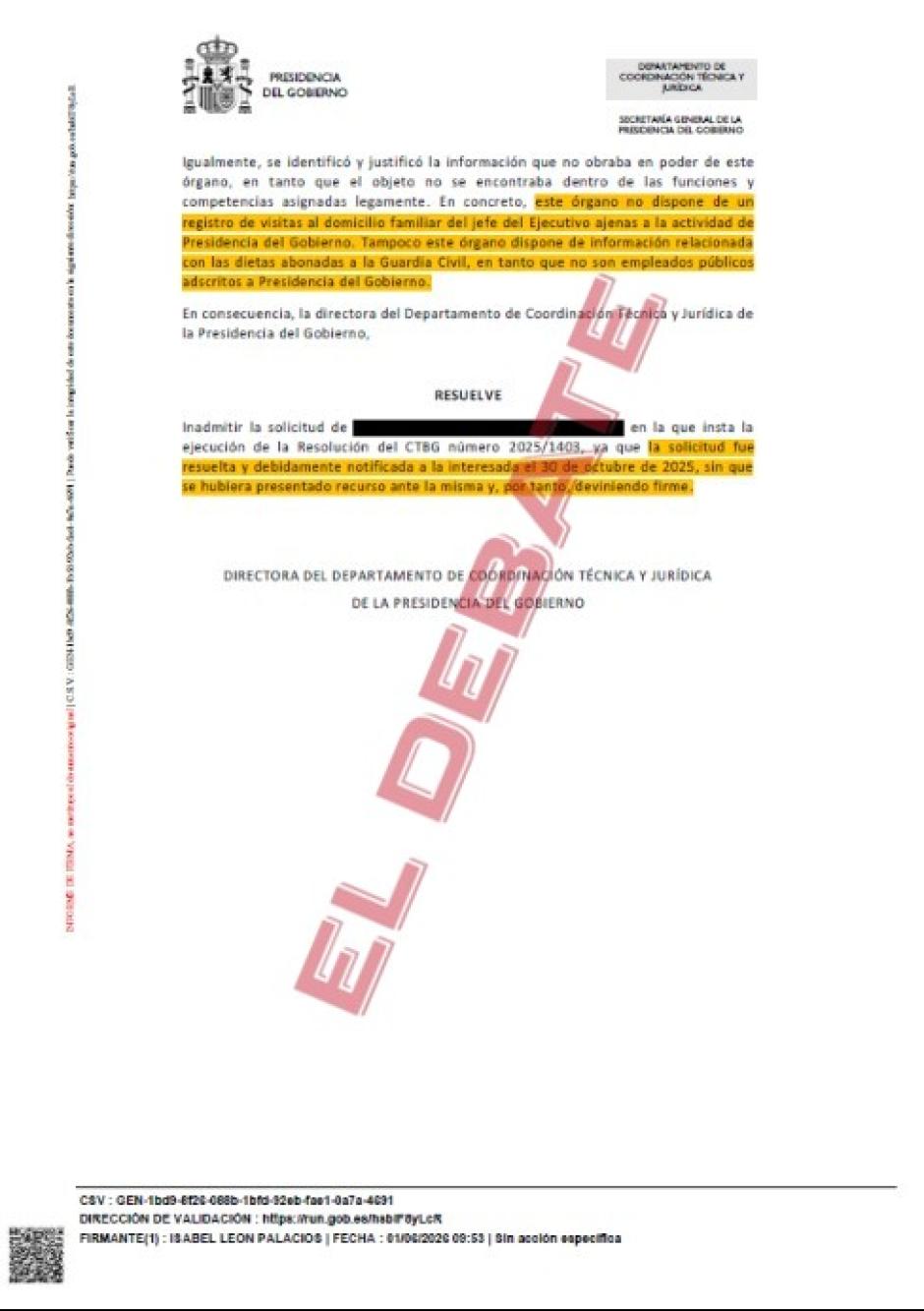 Extracto del documento remitido por Presidencia el 1 de junio