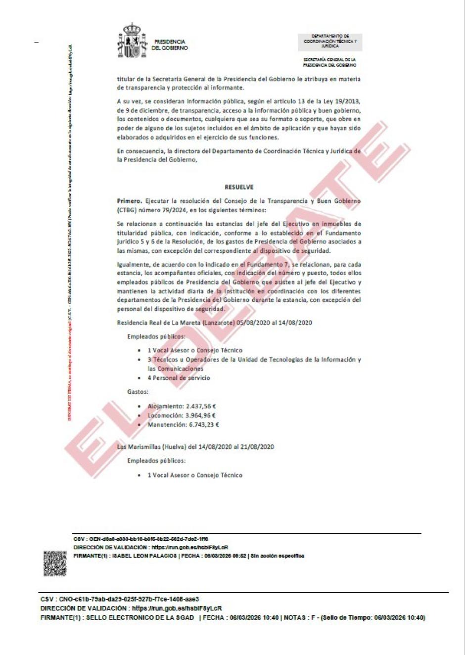 Relación de los gastos de vacaciones de Pedro Sánchez