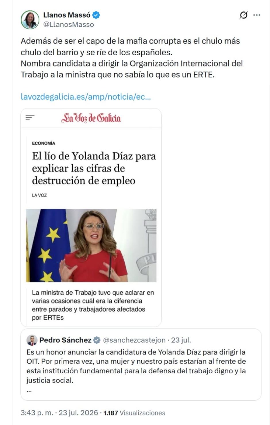 Captura con el tweet de Llanos Massó en la red social X