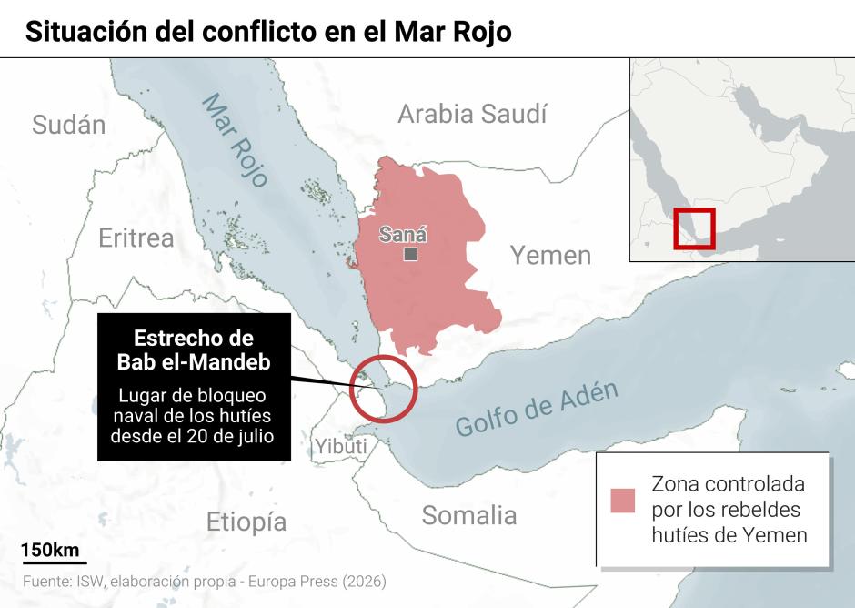 Mapa con situación del conflicto en el Mar Rojo. Los rebeldes hutíes de Yemen han anunciado este lunes la imposición de un bloqueo naval contra Arabia Saudí en respuesta al continuo "asedio" de Riad en el marco del incremente de tensiones entre las partes tras los ataques registrados contra el aeropuerto de la capital de Yemen, Saná, y el posterior bombardeo en respuesta contra las instalaciones aeroportuarias saudíes de Abha.

Europa Press / Europa Press
23 JULIO 2026;EPDATAINFOGRAFIA;DATOS;INTERNACIONAL
23/7/2026