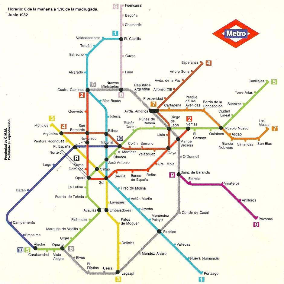 Mapa del Metro de Madrid en junio de 1982