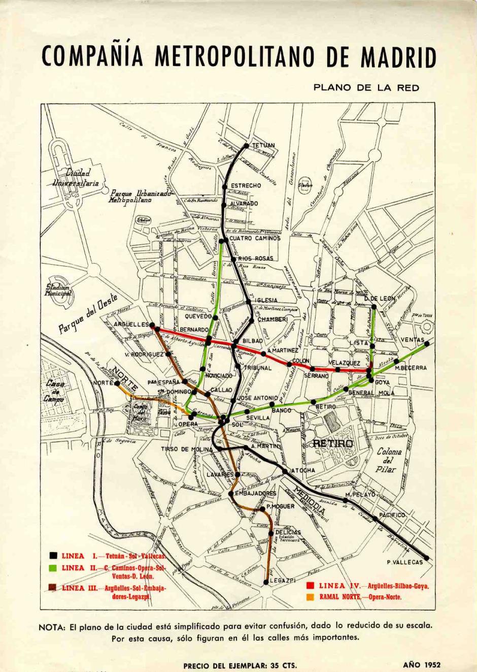 Mapa Metro de Madrid en 1952