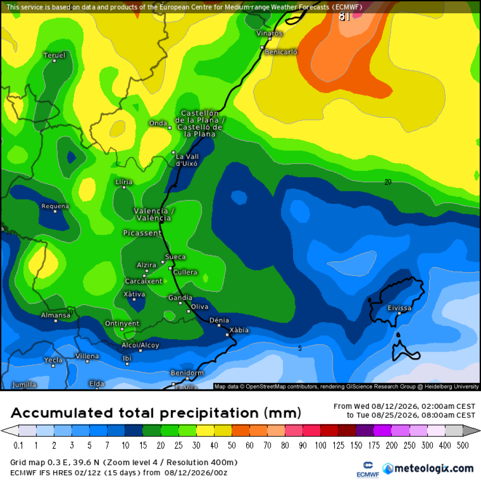 Mapa con el acumulado de lluvia previsto durante los próximos días por el modelo ECMWF en la Comunidad Valenciana.