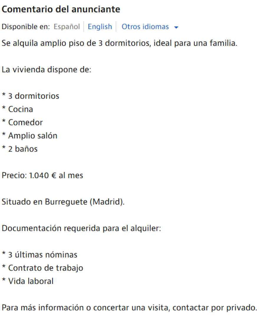 Uno de los anuncios sospechosos publicados en Idealista.
