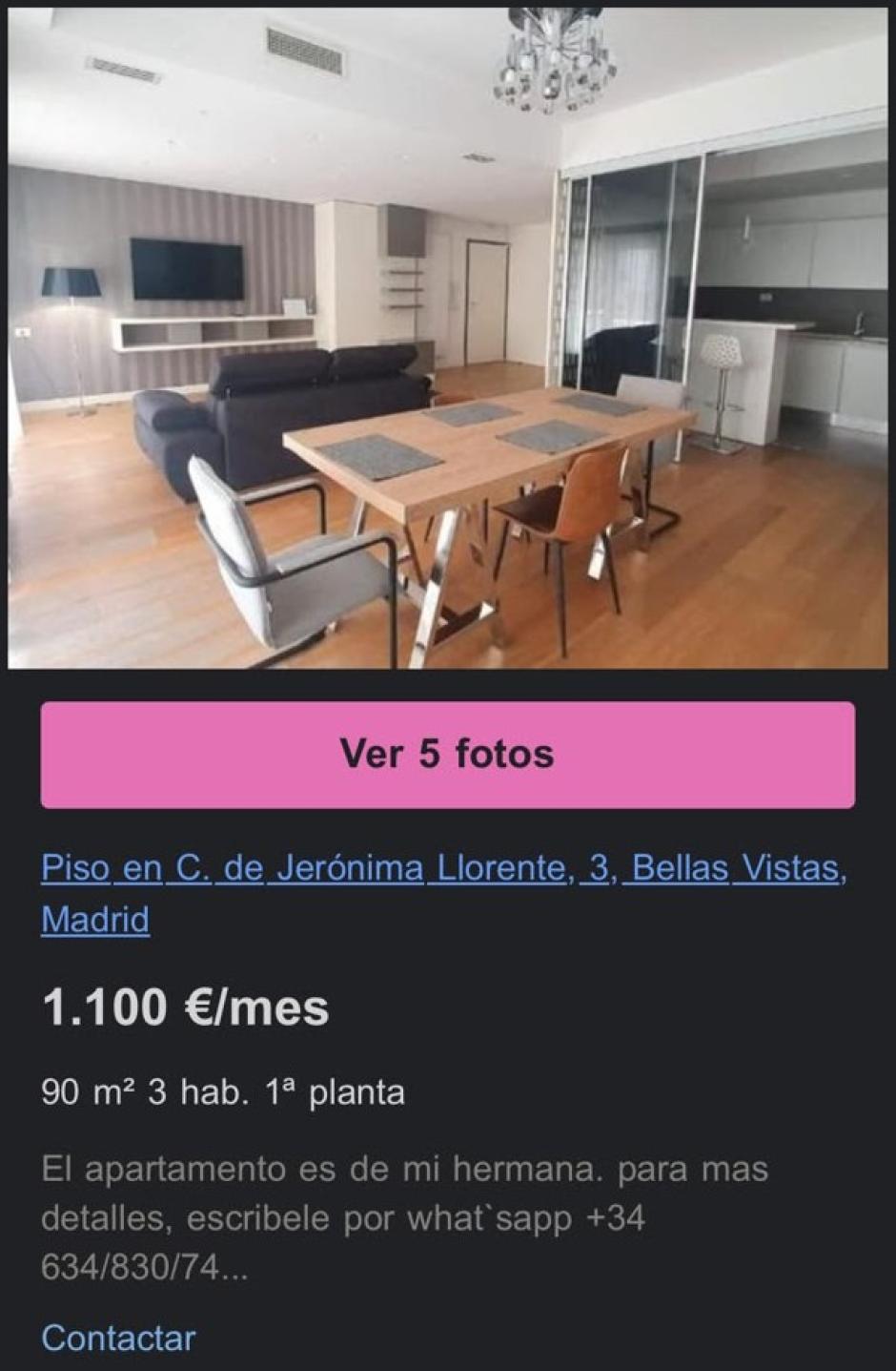 Uno de los anuncios falsos publicados en Idealista.