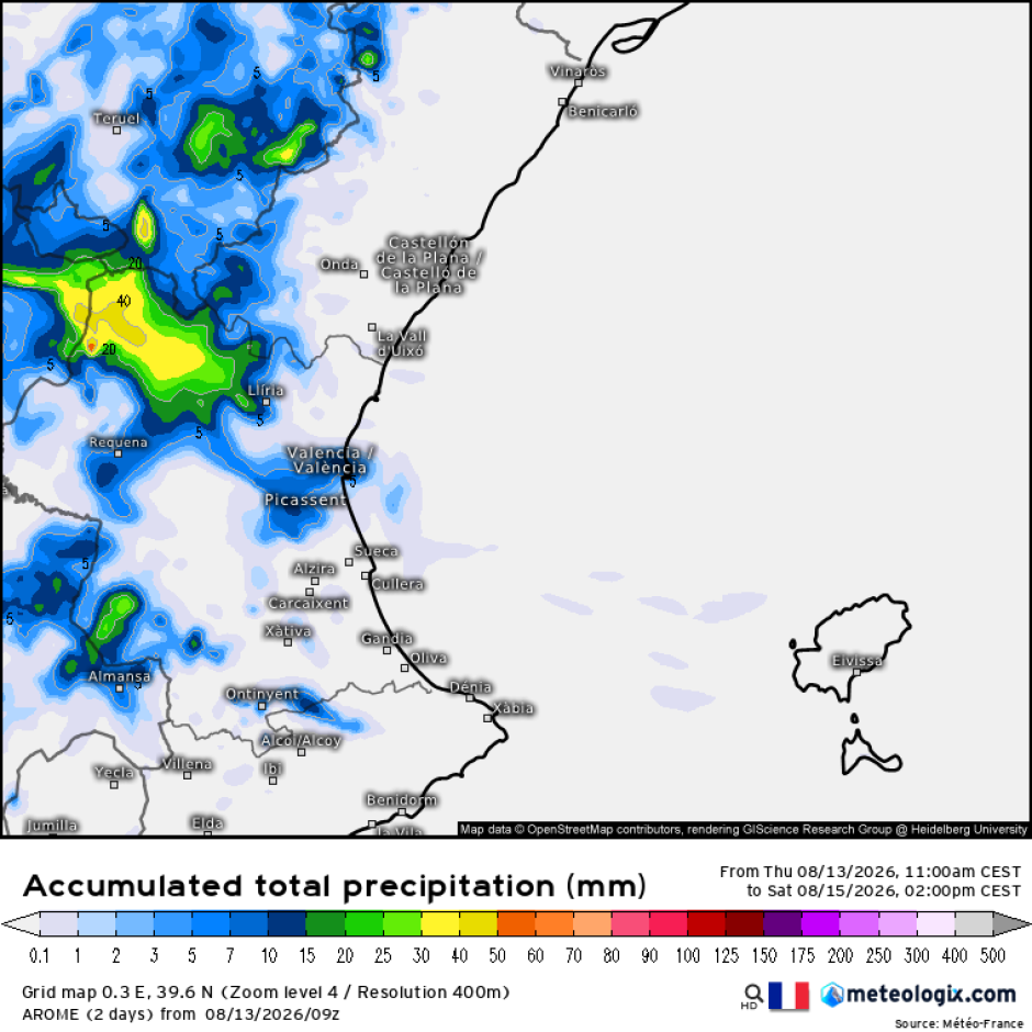 Mapa con la previsión de lluvias entre los días 14 y 15 de agosto en la Comunidad Valenciana, según el modelo AROME.
