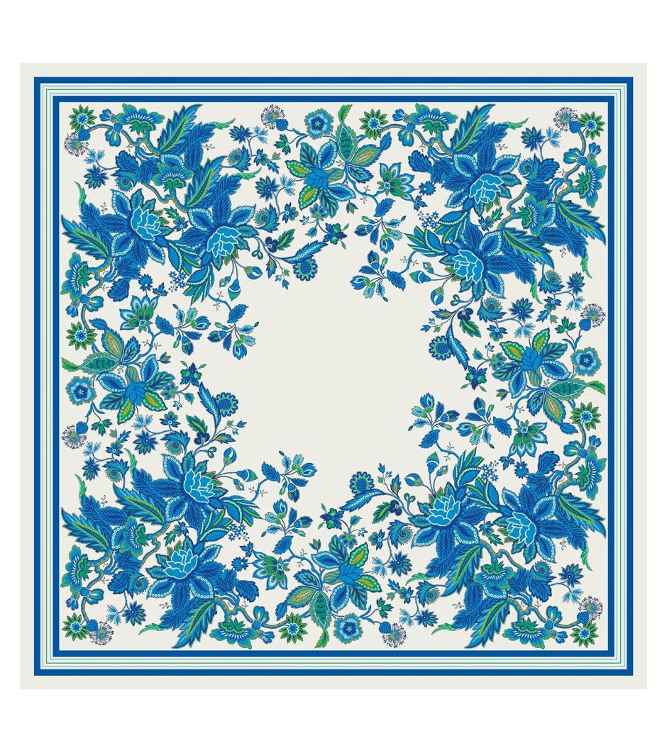 Pañuelo de seda beige y azul "Valse des Fleurs"