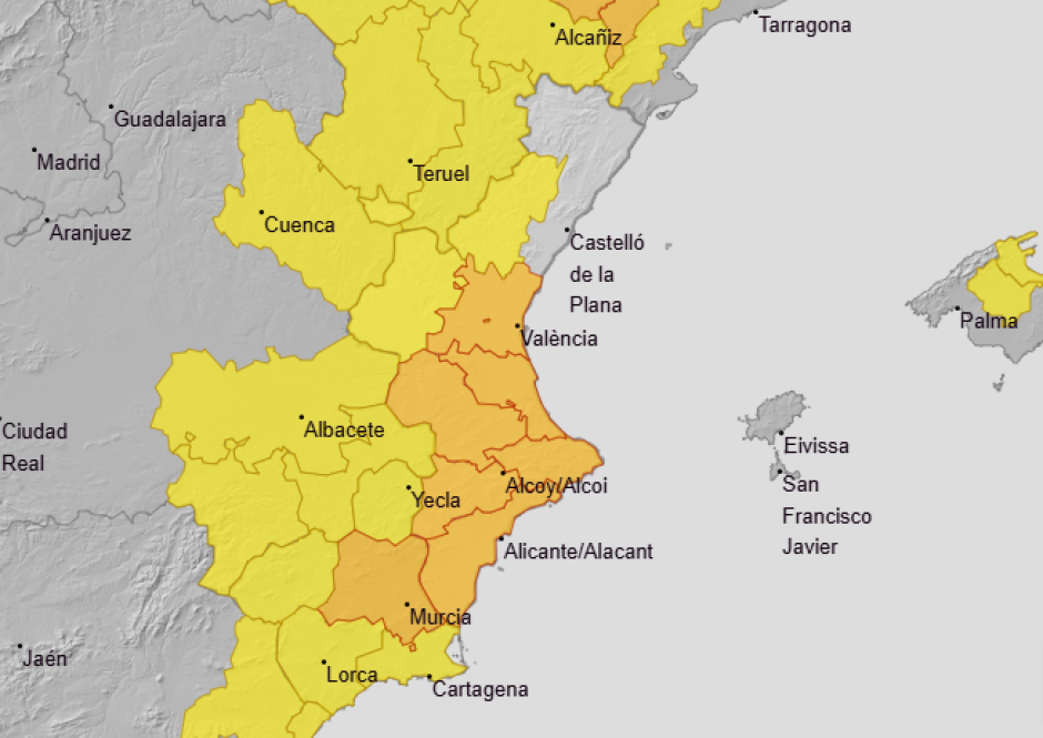 Mapa de avisos por calor para este miércoles 19 de agosto en la Comunidad Valenciana.
