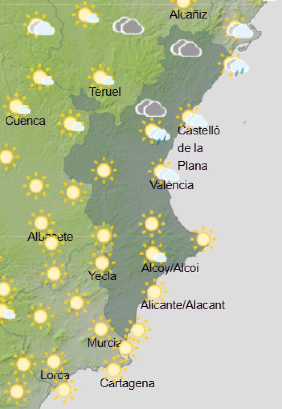 Mapa de Aemet con la previsión del tiempo en la Comunidad Valenciana este viernes 21 de agoto de 2026