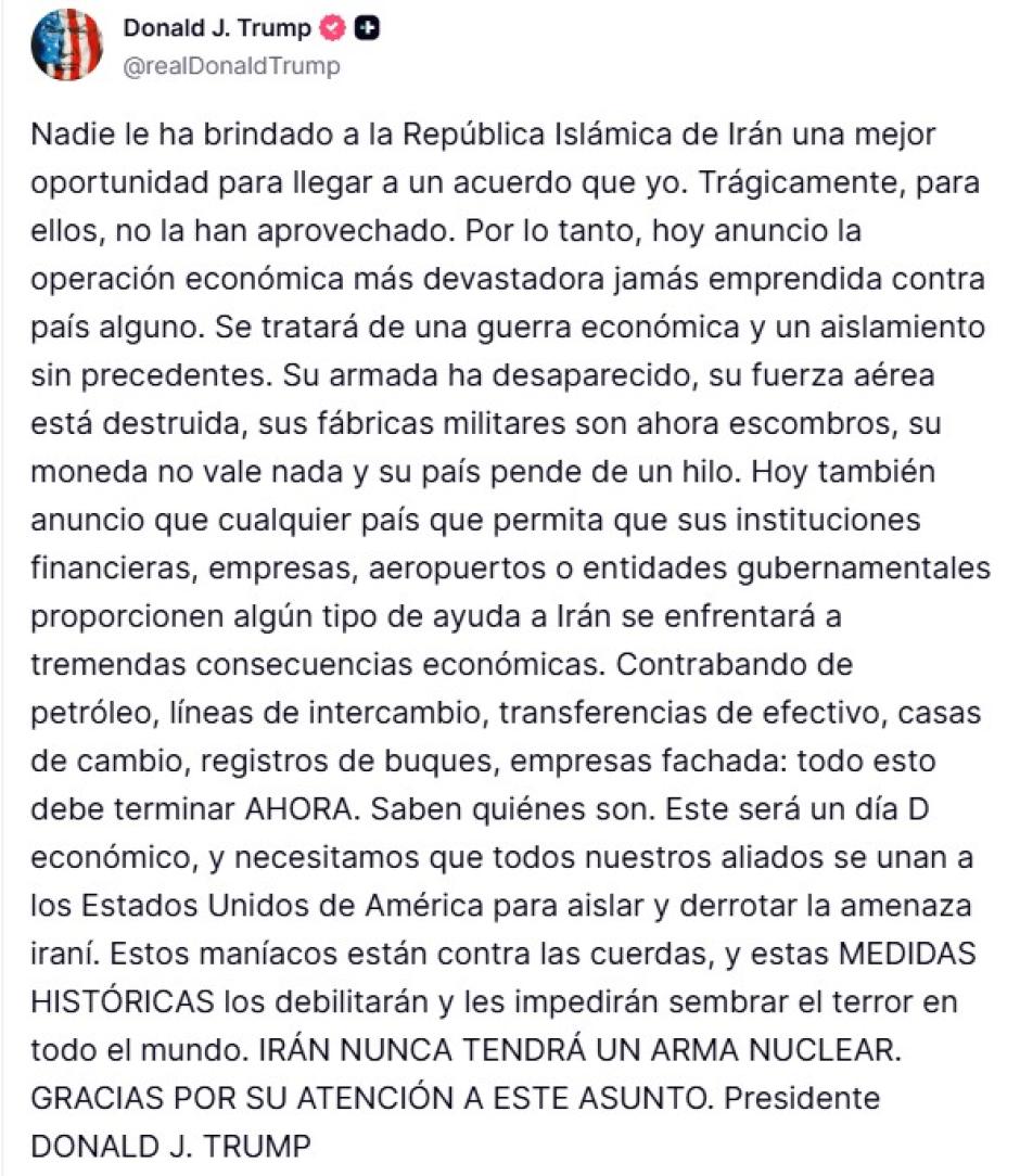 Donald Trump declara a Irán una guerra económica