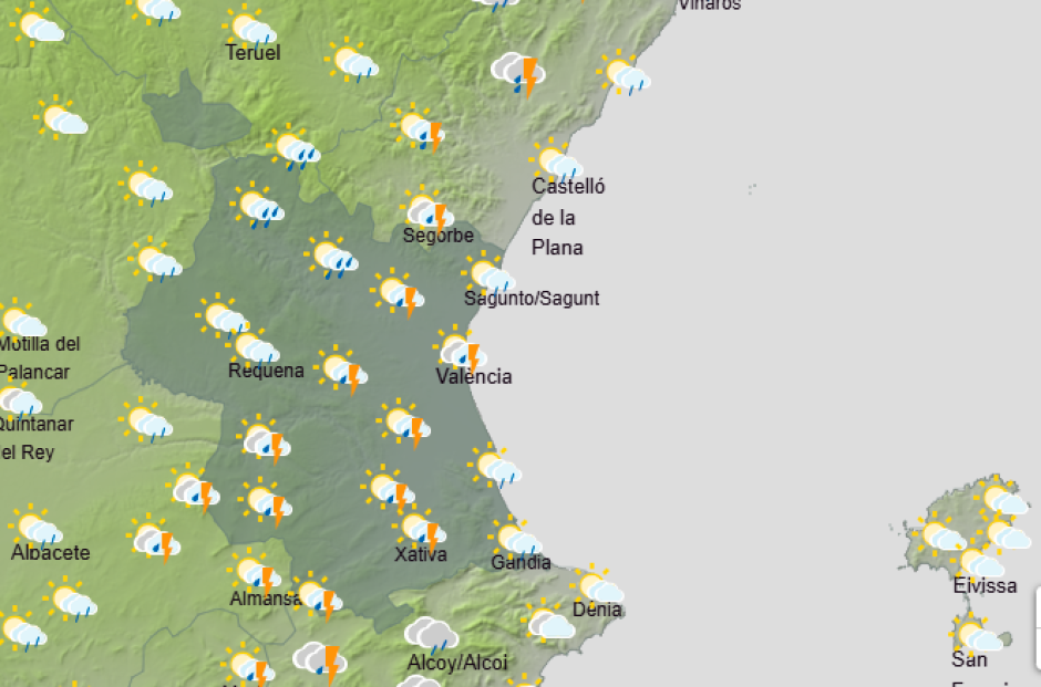 Mapa con las lluvias y tormentas previstas en Valencia este lunes 24 de agosto.