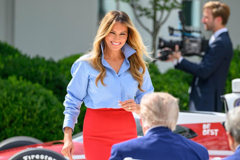 First Lady MELANIA TRUMP speaks during an event announcing a partnership between her Fostering the Future initiative, IndyCar, Fox Corporation and two universities ahead of the Freedom 250 Grand Prix. *** Local Caption *** .