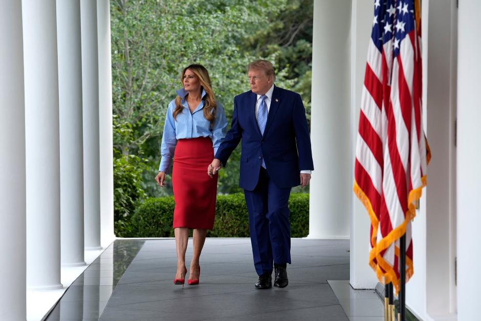 First Lady Melania Trump and President Donald Trump attend an event in the Rose Garden of the White House in Washington, DC on Thursday, August 20, 2026. The First Lady announced that a $2 million donation from IndyCar and Fox Corporation will fund Fostering the Future scholarships at Indiana University and Purdue University to expand academic opportunities for individuals transitioning from foster care. *** Local Caption *** .