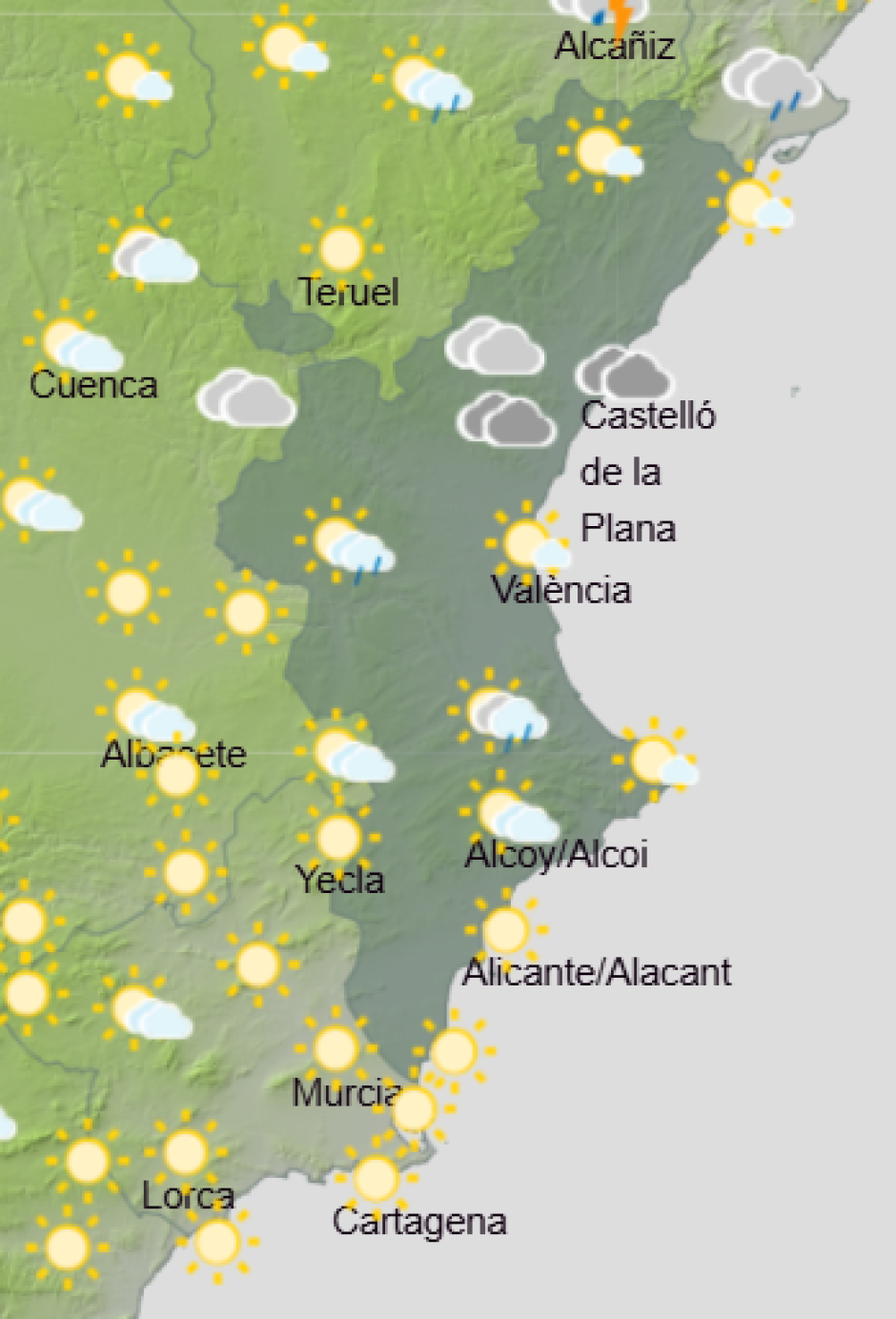 Mapa de Aemet con la previsión del tiempo en la Comunidad Valenciana este domingo 23 de agosto de 2026