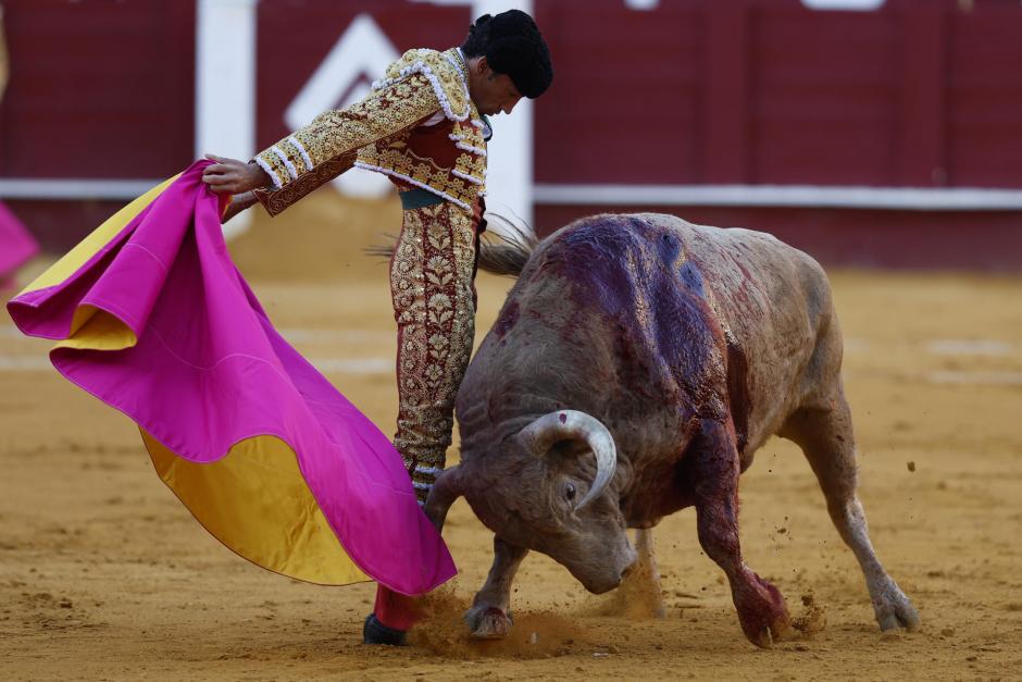 David de Miranda, con el capote ante el primero de su lote, al que cortó las dos orejas que le abrieron la puerta grande