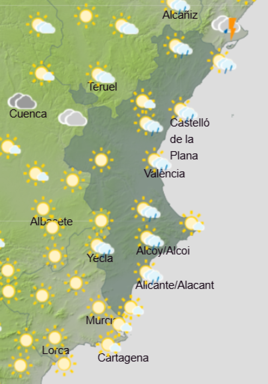 Mapa de Aemet con la previsión del tiempo en la Comunidad Valenciana este lunes 24 de agosto de 2026