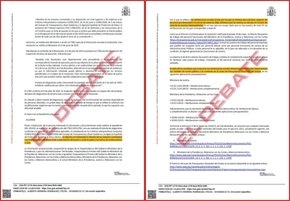 Extracto de la resolución del Ministerio de Presidencia del 18 de octubre