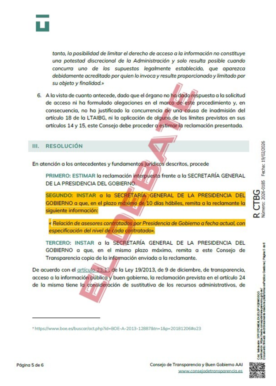 Extracto de la resolución del CTBG 2026-0185 del 19 de febrero