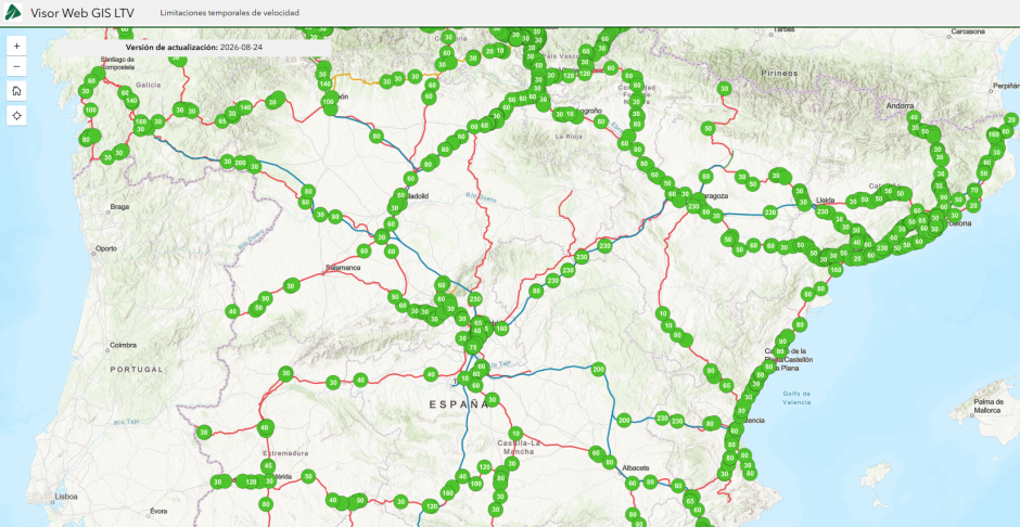 Mapa de restricciones de velocidad en las vías españolas
