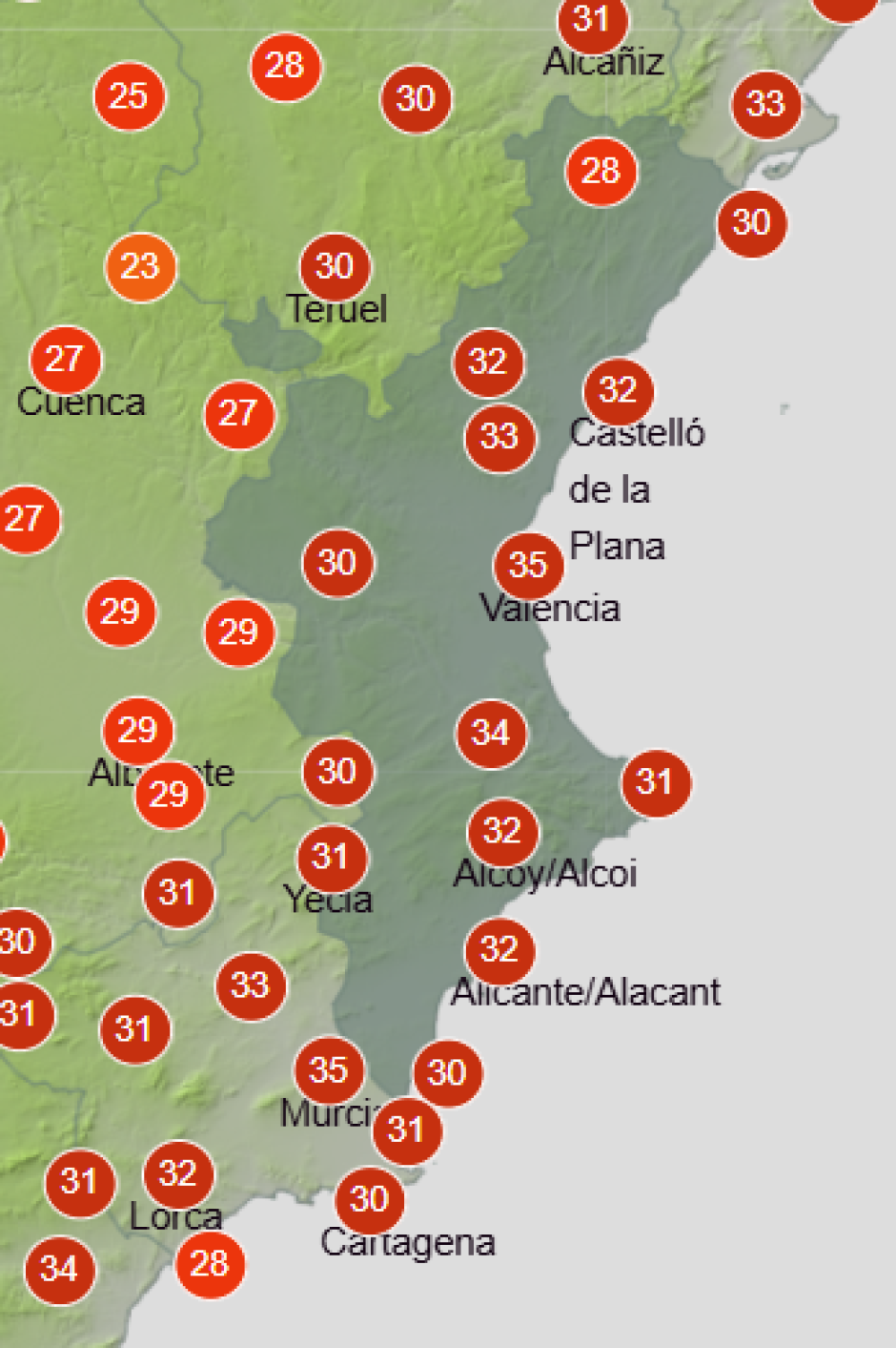 Mapa de Aemet con las temperaturas máximas previstas en la Comunidad Valenciana este martes 25 de agosto de 2026