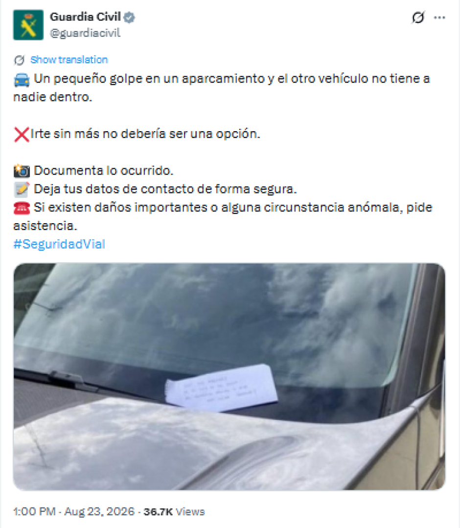 La Guardia Civil pide dejar una nota cuando dañemos otro coche