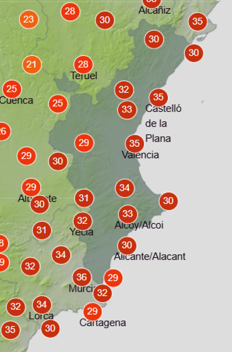 Mapa de Aemet con las temperaturas máximas previstas en la Comunidad Valenciana este jueves 27 de agosto de 2026
