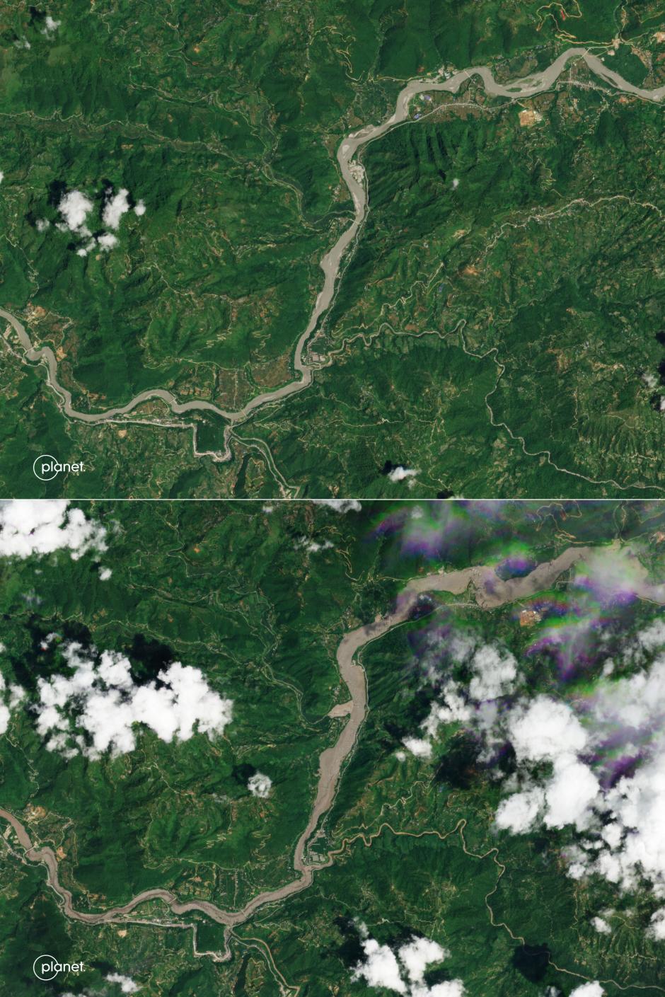 Esta combinación de imágenes satelitales muestra una vista aérea antes de la inundación y después
