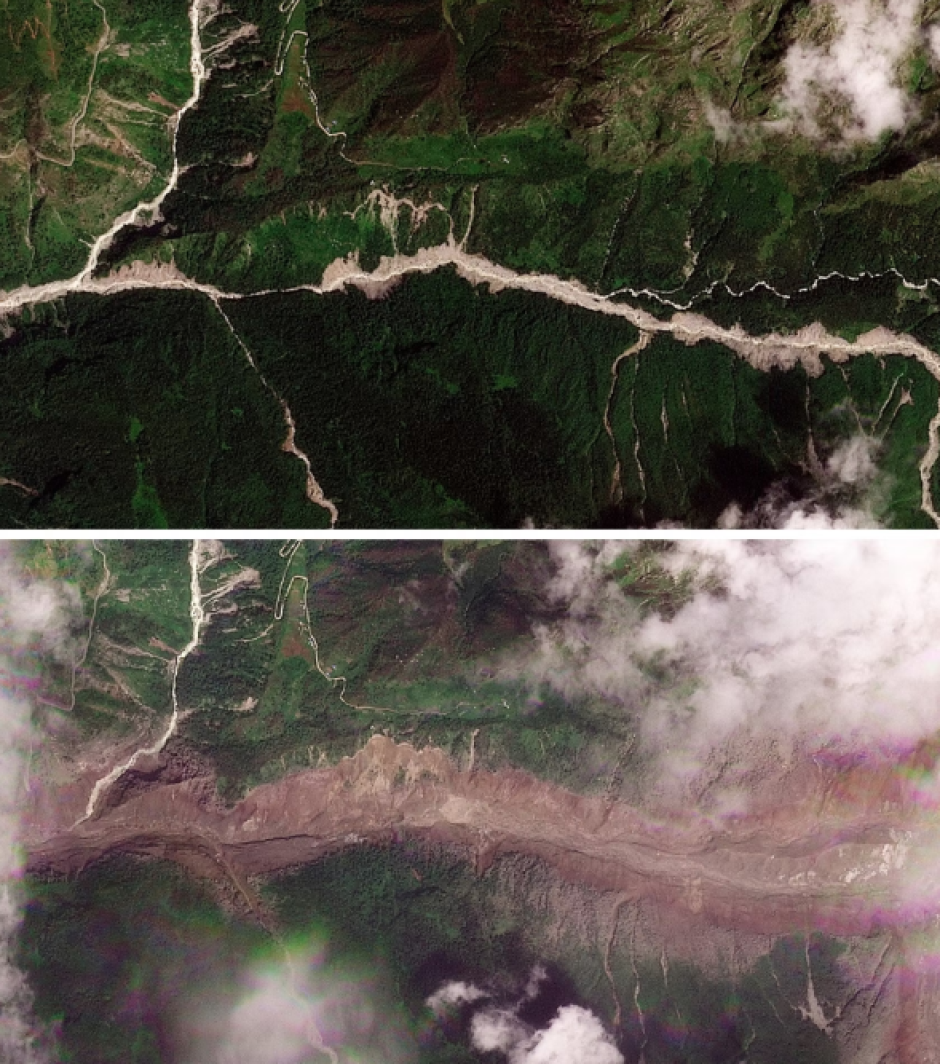 Esta combinación de imágenes satelitales muestra una vista aérea antes de la inundación y después