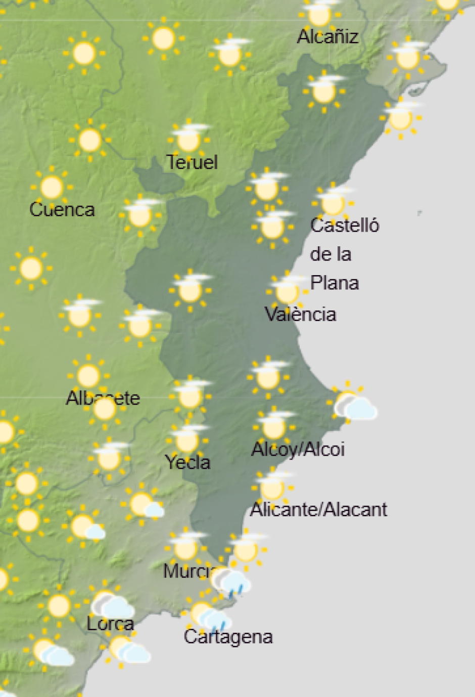 Mapa de Aemet con la previsión del tiempo en la Comunidad Valenciana este viernes 28 de agosto de 2026