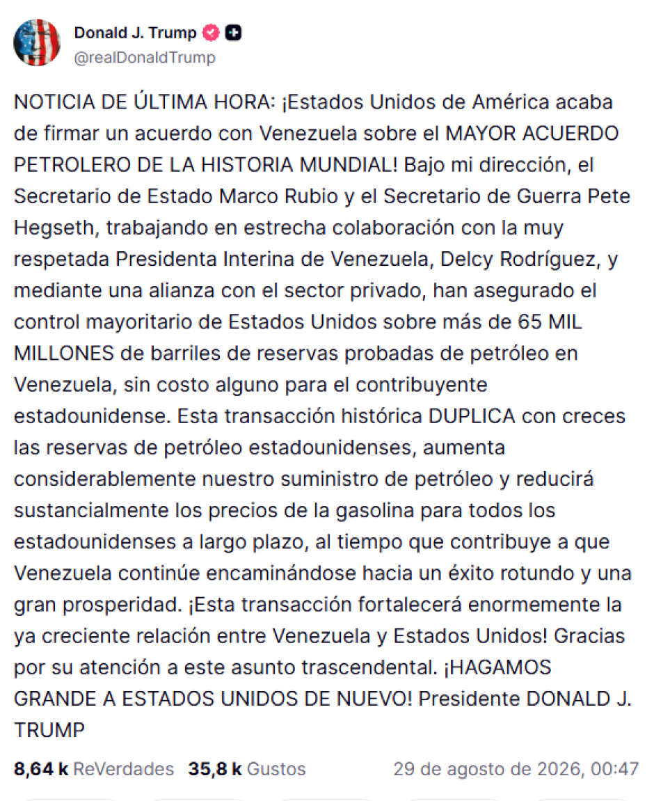 Comunicado de Donald Trump sobre el acuerdo con Venezuela