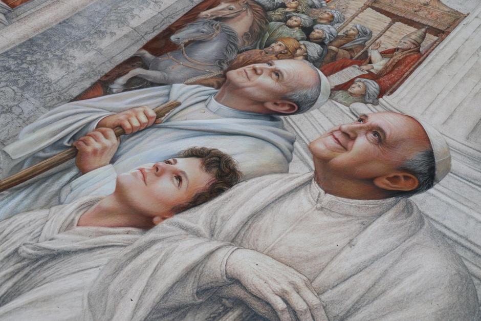ASSISI (Italy), 29/08/2026.- A work of art is seen in the square in front of the Lower Basilica of St. Francis in Assisi, Italy, 29 August 2026. More than fifty 'madonnari' (artists specializing in religious art) from various countries are transforming the square in front of the Lower Basilica of St. Francis in Assisi into a large open-air art gallery. Multiple artists, working with chalk and simple materials, are creating 'The Vision of St. Francis,' a collective composition covering approximately 50 square meters. Meanwhile, other artists are working on 40 individual pieces themed around Saint Francis, spread across a total area of ??over 220 square meters. The initiative is organized by the municipality of Assisi to mark the eighth centenary of St. Franciss death. (Italia) EFE/EPA/Gianluigi Basilietti
