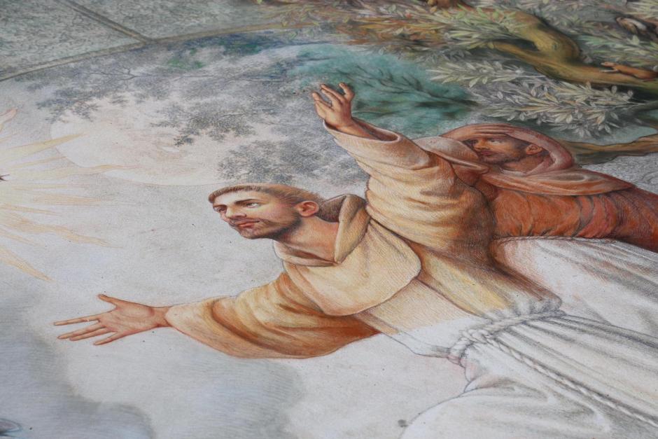 ASSISI (Italy), 29/08/2026.- A work of art is seen in the square in front of the Lower Basilica of St. Francis in Assisi, Italy, 29 August 2026. More than fifty 'madonnari' (artists specializing in religious art) from various countries are transforming the square in front of the Lower Basilica of St. Francis in Assisi into a large open-air art gallery. Multiple artists, working with chalk and simple materials, are creating 'The Vision of St. Francis,' a collective composition covering approximately 50 square meters. Meanwhile, other artists are working on 40 individual pieces themed around Saint Francis, spread across a total area of ??over 220 square meters. The initiative is organized by the municipality of Assisi to mark the eighth centenary of St. Franciss death. (Italia) EFE/EPA/Gianluigi Basilietti