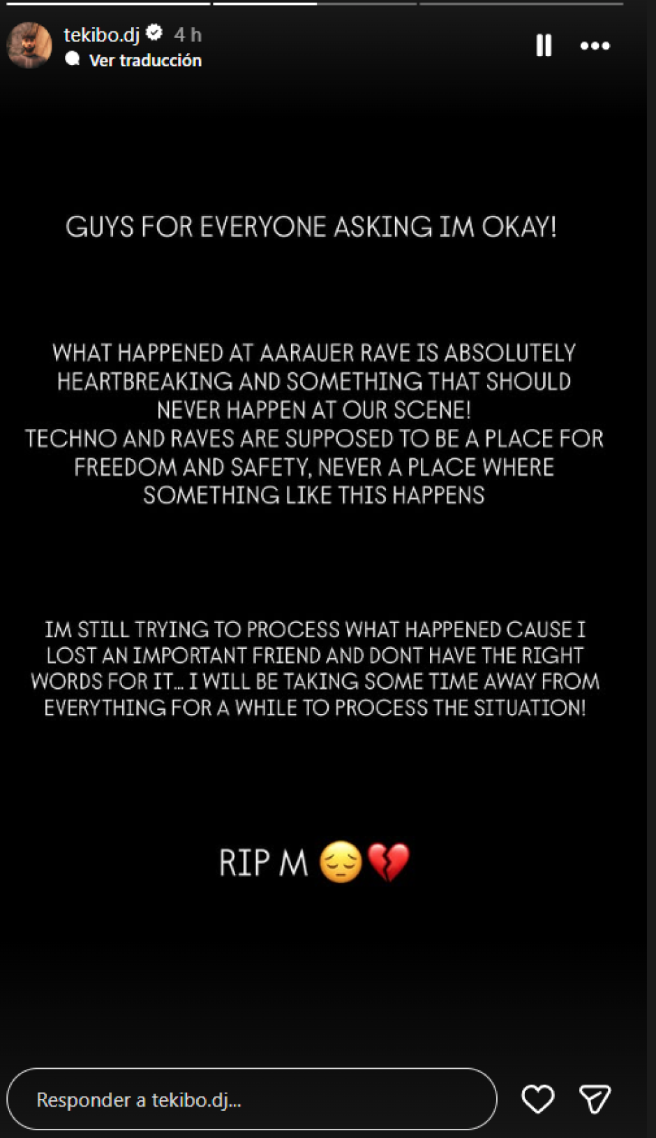 Historia de Instagram de un DJ de la rave de Suiza donde se hubo un tiroteo, en la que asegura que «ha perdido un amigo importante»