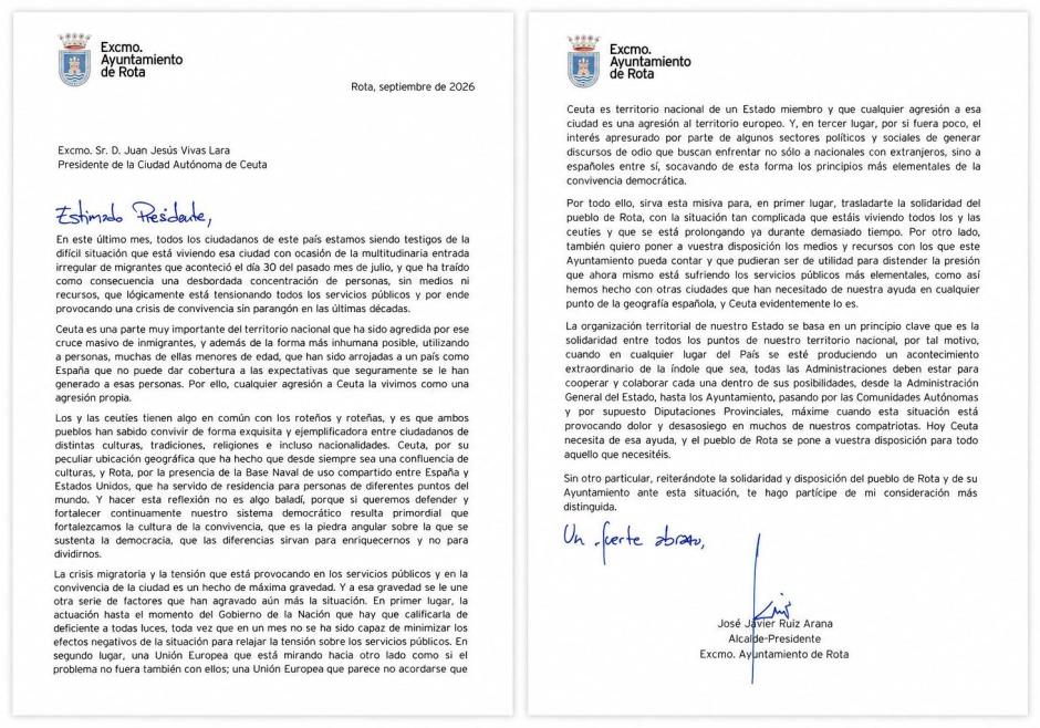 Carta del alcalde de Rota, Javier Ruiz Arana, al presidente de Ceuta, Juan Jesús Vivas