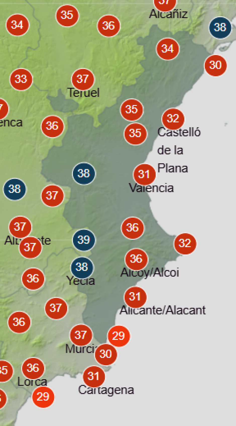 Mapa de Aemet con las temperaturas máximas previstas en la Comunidad Valenciana este viernes 4 de septiembre de 2026