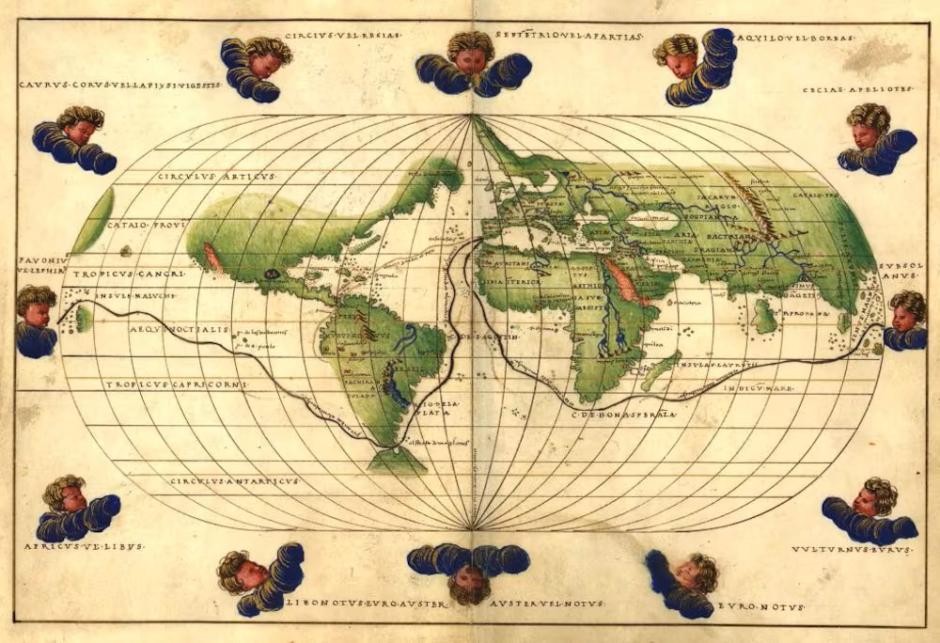 Mapamundi de Bautista Agnese (1500-1564) de 1544 con la ruta de la primera vuelta al mundo de Fernando de Magallanes y Juan Sebastián Elcano