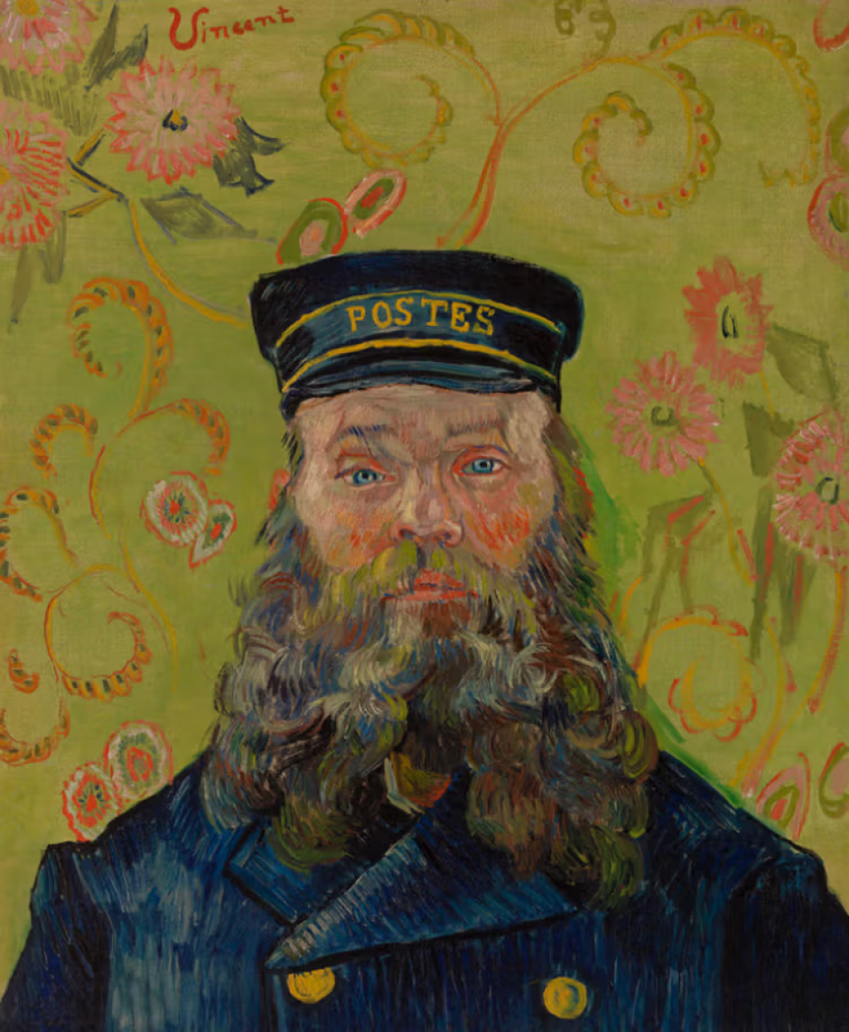 El cartero de Van Gogh (Joseph-Étienne Roulin) (noviembre-diciembre de 1888), con una "V" en forma de herradura en su firma en la esquina superior izquierda