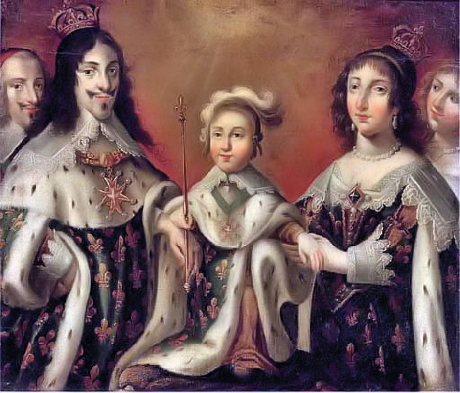 Luis XIII, Ana de Austria y el hijo de ambos, Luis XIV, flanqueados por el cardenal Richelieu y la duquesa de Chevreuse