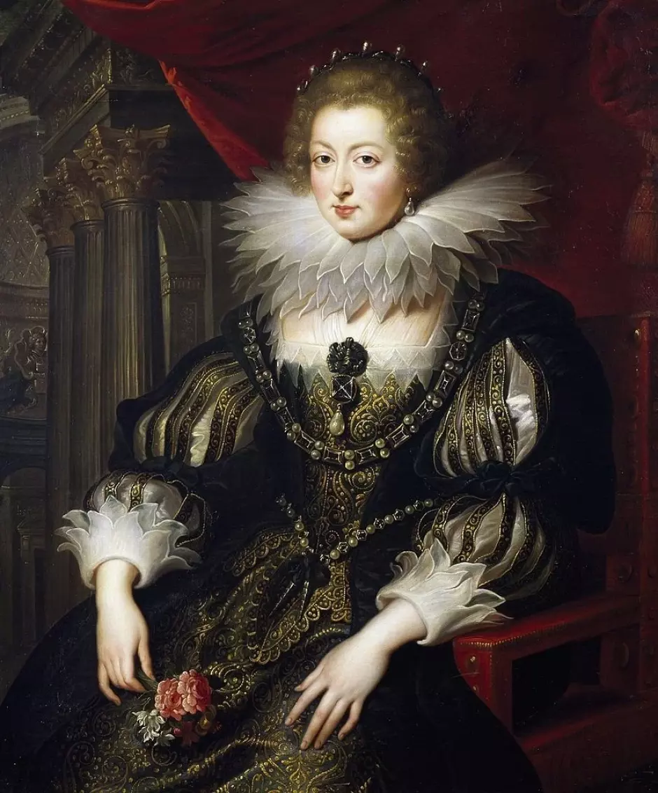 Retrato al óleo sobre lienzo de Peter Paul Rubens, en el que se representa a Ana de Austria con un atuendo recargado y un cuello de encaje, hacia 1625