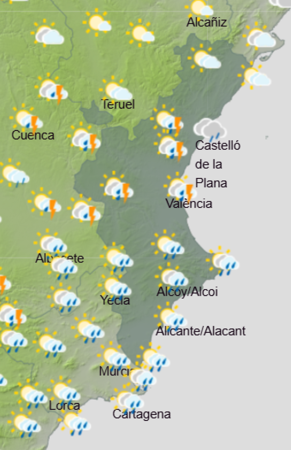 Mapa de Aemet con la previsión del tiempo en la Comunidad Valenciana el próximo miércoles 9 de septiembre de 2026