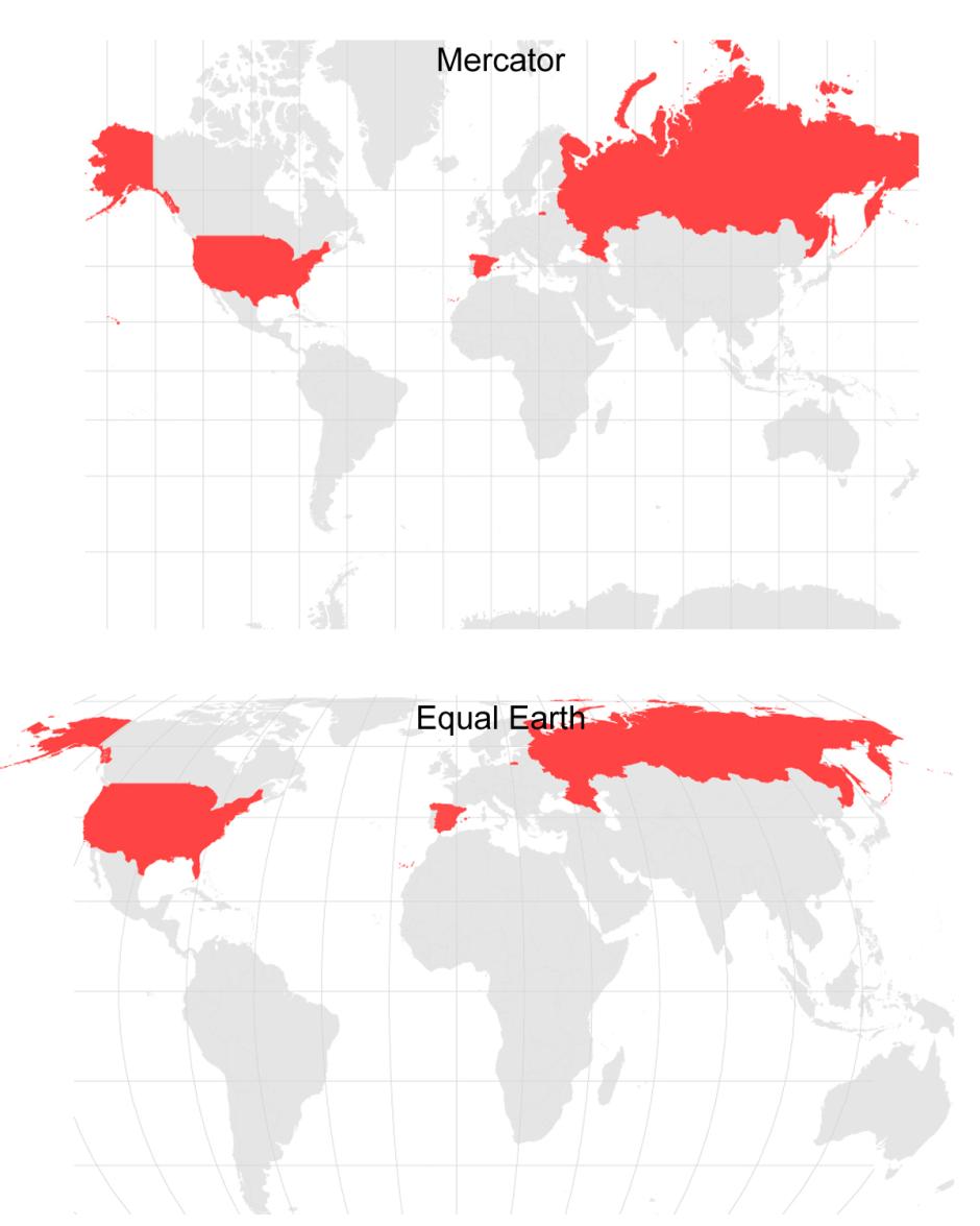 Mapa del mundo con la representación Mercator y Equal Earth