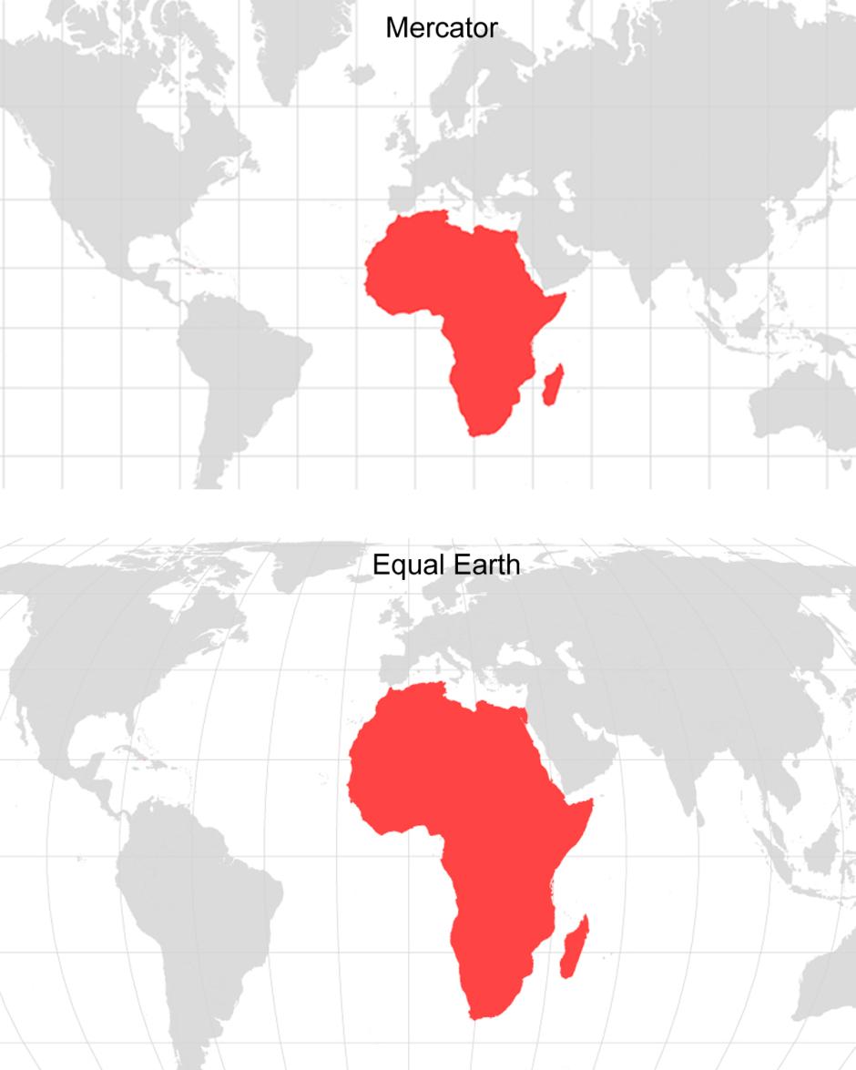 Mapa del mundo con la representación Mercator y Equal Earth