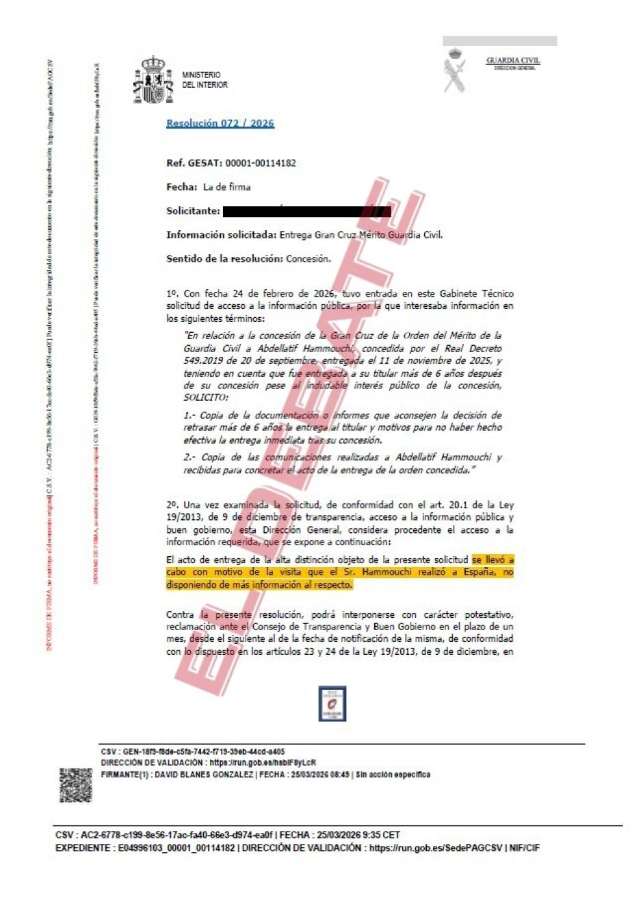 Resolución del Ministerio del Interior del 25 de marzo de 2026