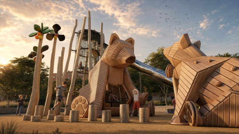 Recreación digital de los futuros juegos infantiles singulares con forma de osos