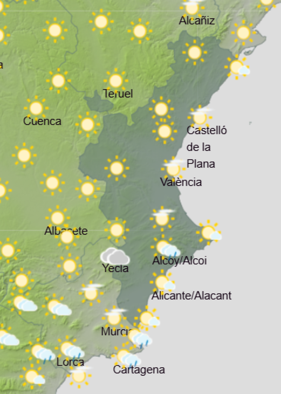 Mapa de Aemet con la previsión del tiempo en la Comunidad Valenciana este jueves 10 de septiembre de 2026
