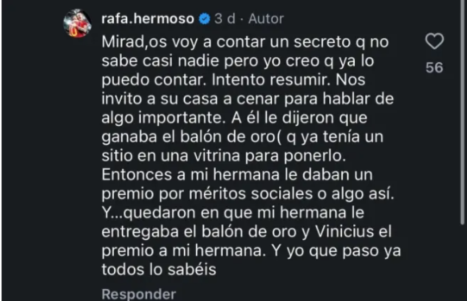 Rafa Hermoso desveló que a Vinicius le habían dicho que iba a ganar el Balón de Oro